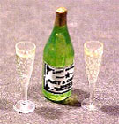 Dollhouse Miniature Champagne Bottle W/2 Filled Fluted Glasses